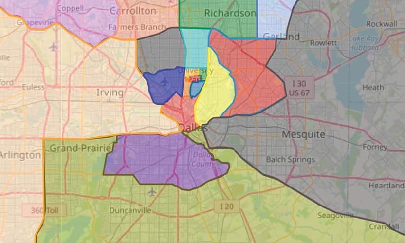 Map of Dallas highlighting parish boundaries and surrounding neighborhoods.